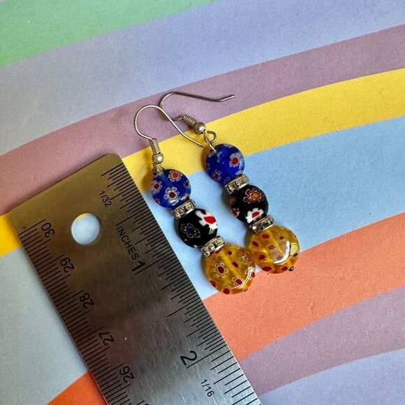 Millefiori Murano Glass  Multi-Colored Round Dangle Earrings - Picture 8 of 8